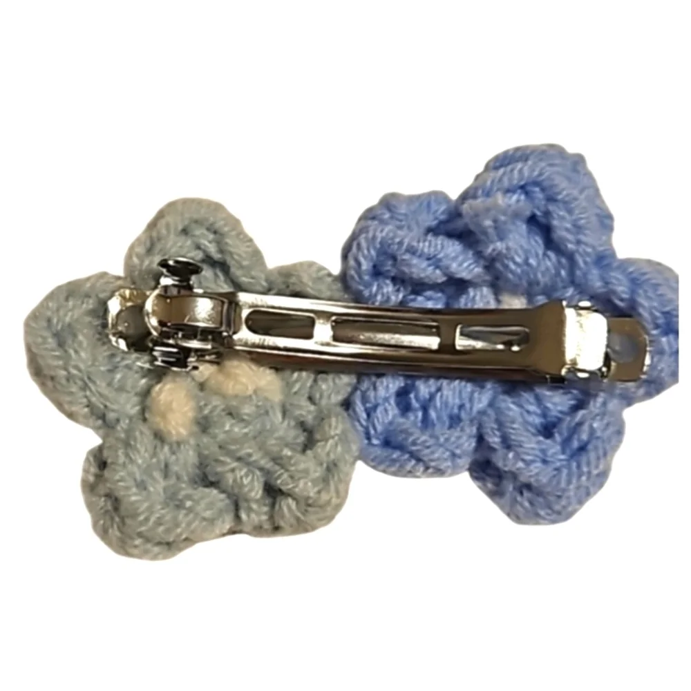 Hand Crafted TikTok Trend Hair Barrette Crocheted Puffy 2-Flowers Blue & White